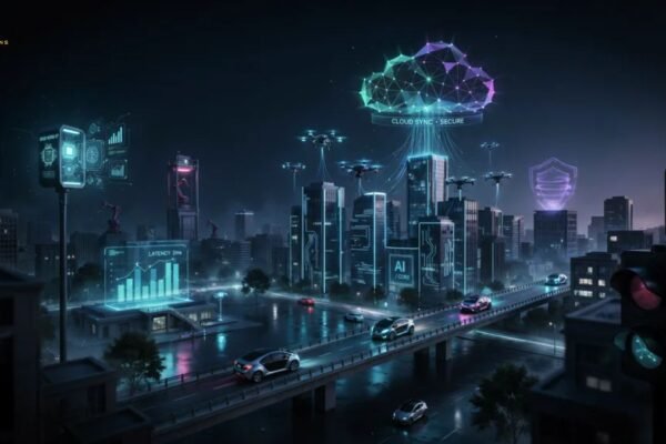 Edge computing network illustrating connected devices and real-time data processing at the network edge