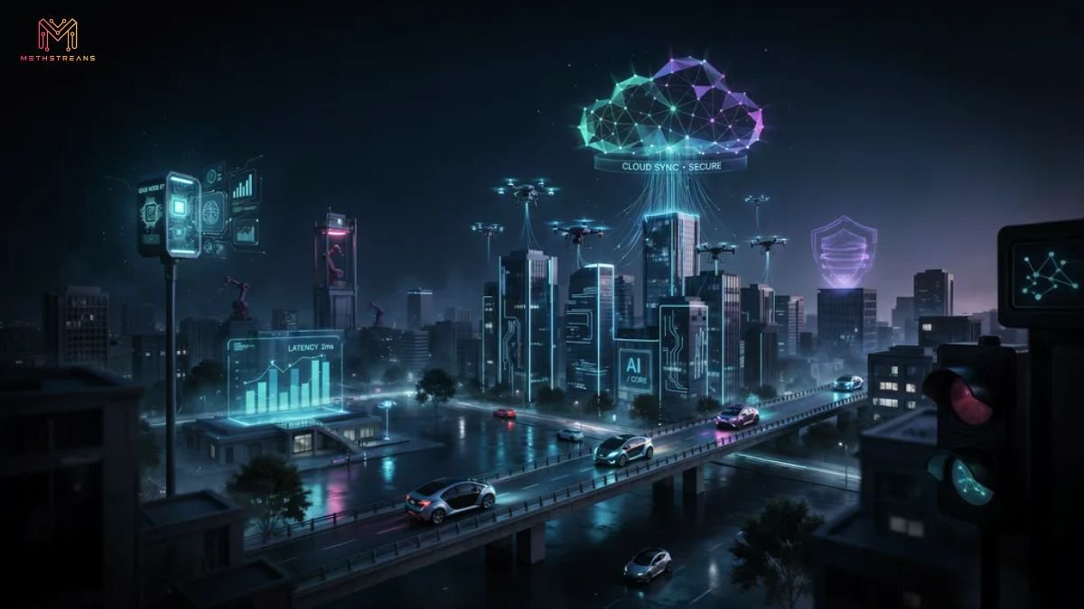 Edge computing network illustrating connected devices and real-time data processing at the network edge