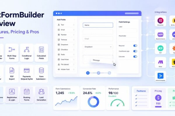 JetFormBuilder WordPress form builder review featuring key features, pricing, integrations, and pros