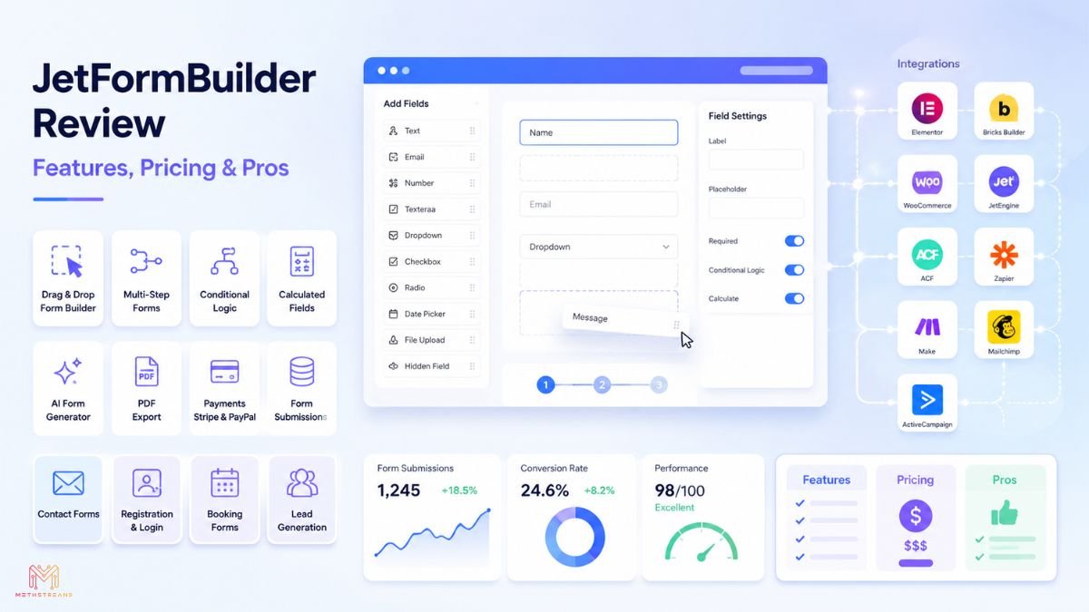 JetFormBuilder WordPress form builder review featuring key features, pricing, integrations, and pros