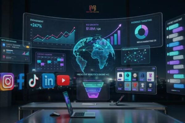 Social Media Marketing Aelftech Com growth strategy dashboard with social media analytics and ROI metrics