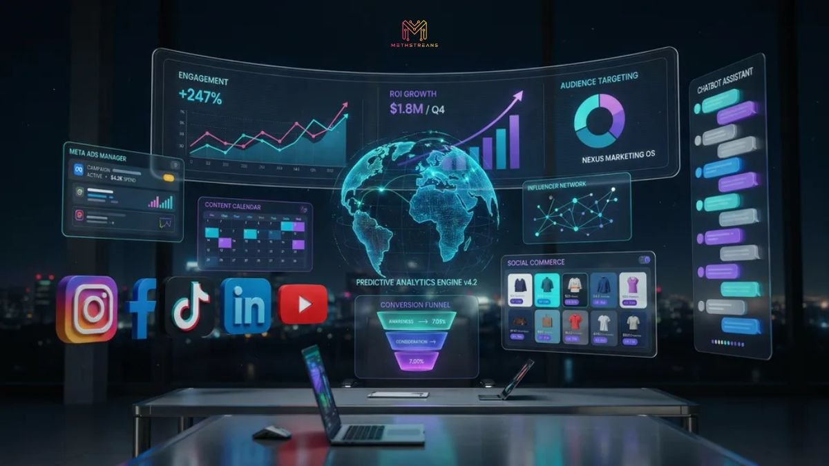Social Media Marketing Aelftech Com growth strategy dashboard with social media analytics and ROI metrics