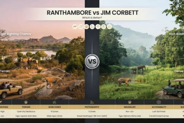 Ranthambore vs Jim Corbett National Park comparison with tiger safari, wildlife, and scenic landscapes