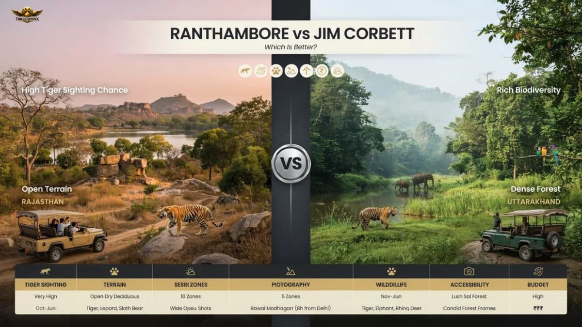 Ranthambore vs Jim Corbett National Park comparison with tiger safari, wildlife, and scenic landscapes