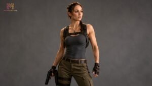 Sophie Turner as Lara Croft during Tomb Raider TV series filming before production paused due to an on-set injury