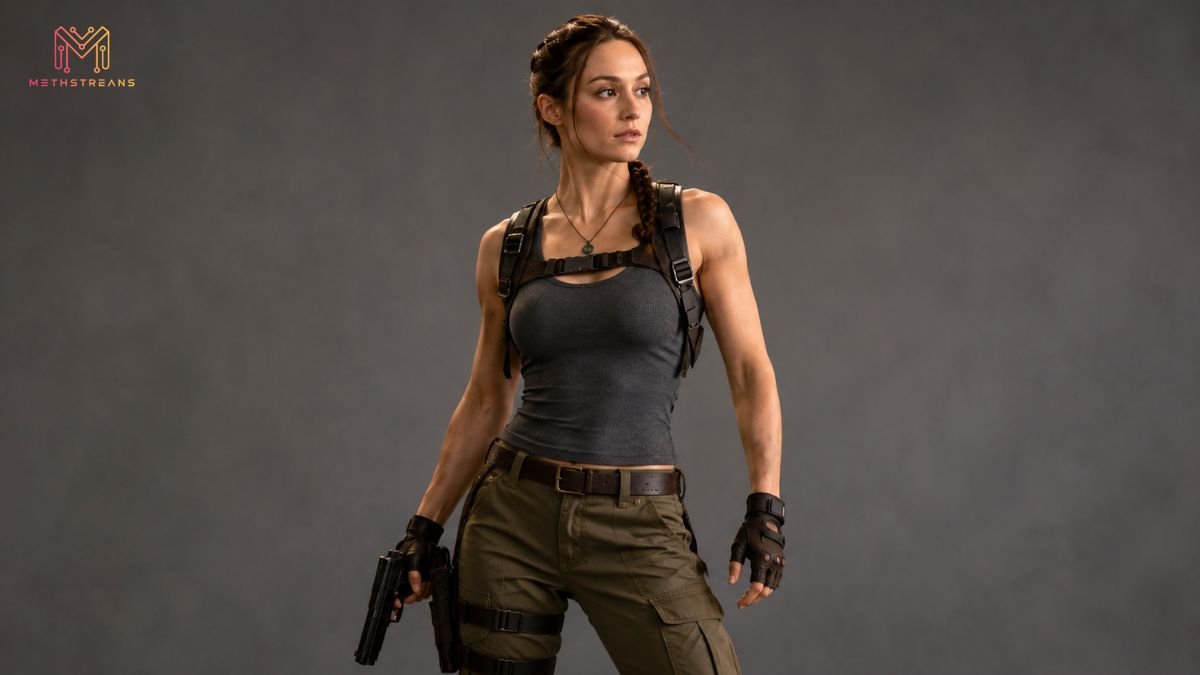 Sophie Turner as Lara Croft during Tomb Raider TV series filming before production paused due to an on-set injury
