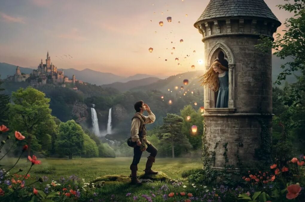 Tangled live-action movie featuring Rapunzel and Flynn Rider in a magical fantasy setting