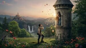 Tangled live-action movie featuring Rapunzel and Flynn Rider in a magical fantasy setting