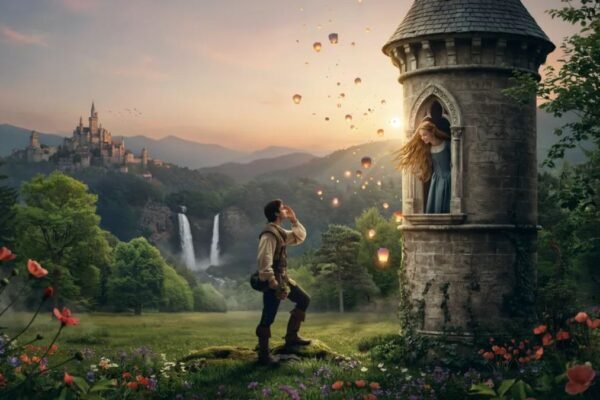Tangled live-action movie featuring Rapunzel and Flynn Rider in a magical fantasy setting