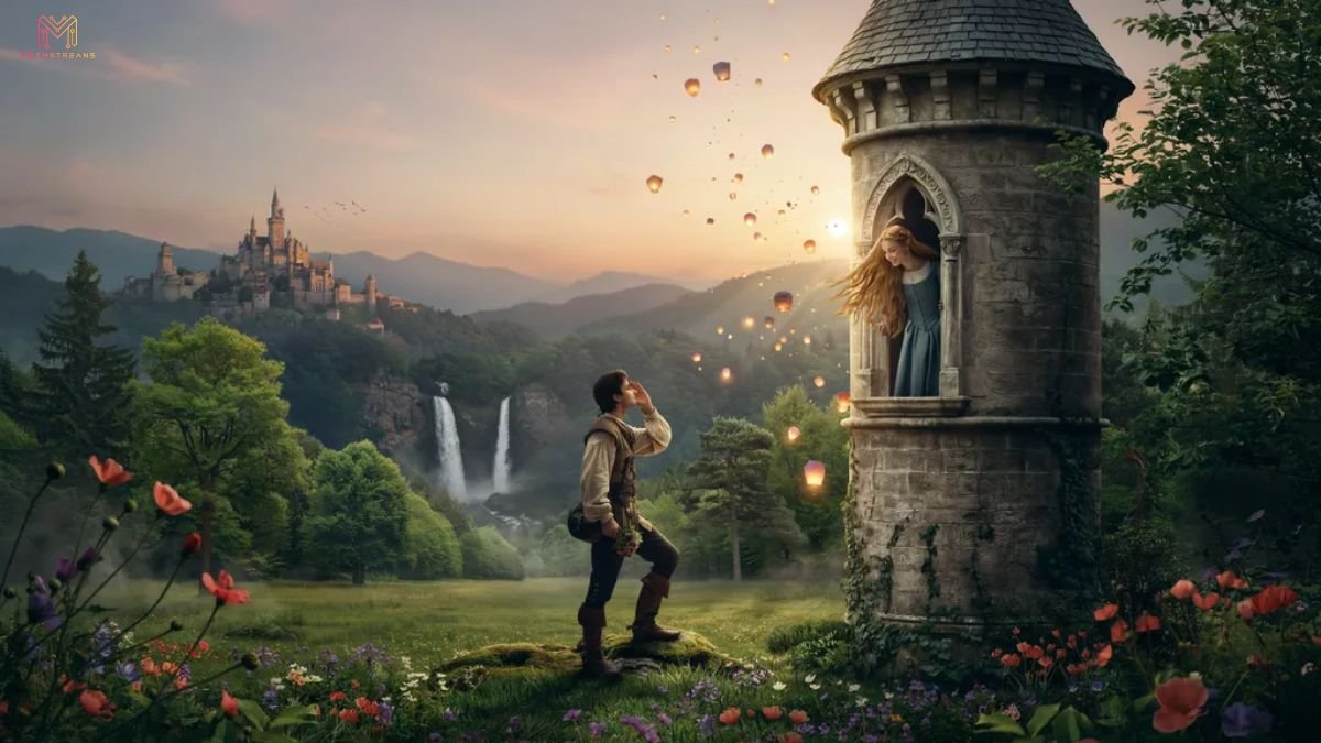 Tangled live-action movie featuring Rapunzel and Flynn Rider in a magical fantasy setting